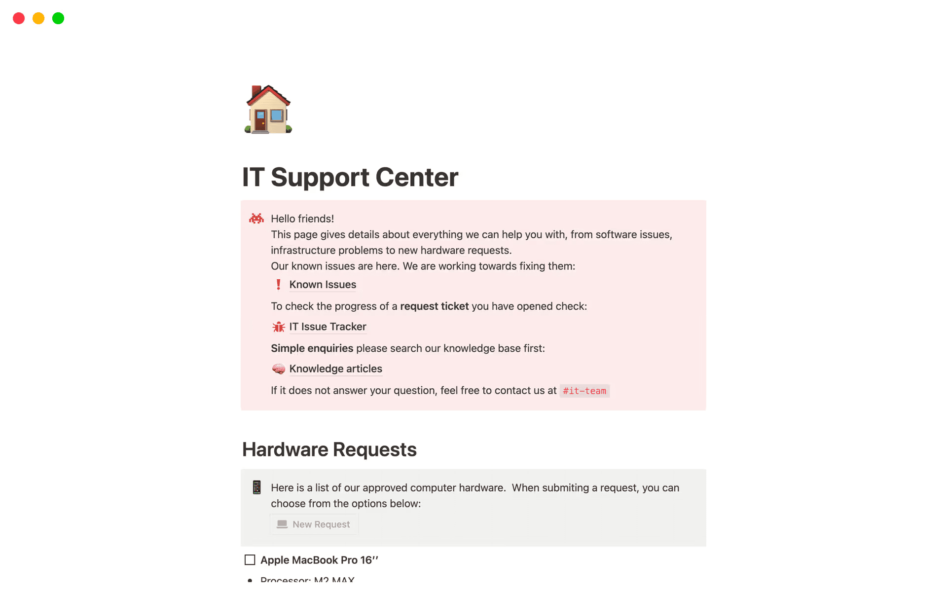 A support center and issue tracker template in Notion