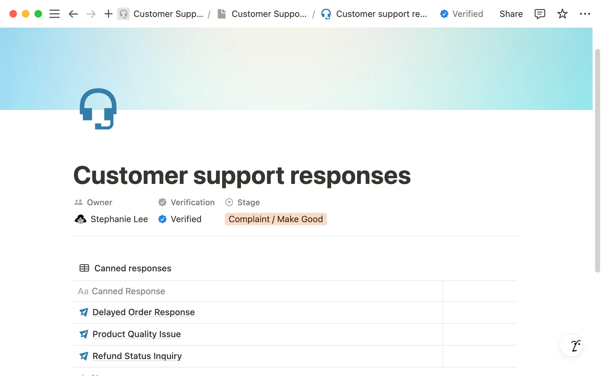 Teams can mark process pages as verified to let everyone know they are looking at the source of truth.