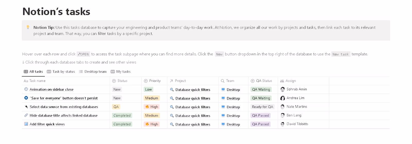 Notion's tasks template