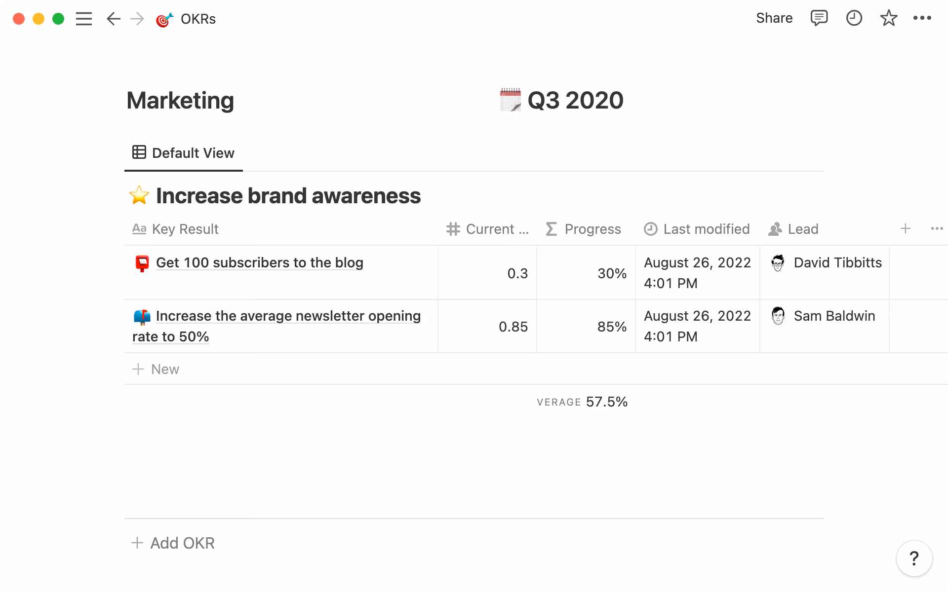 Marketing OKRs in their own table.