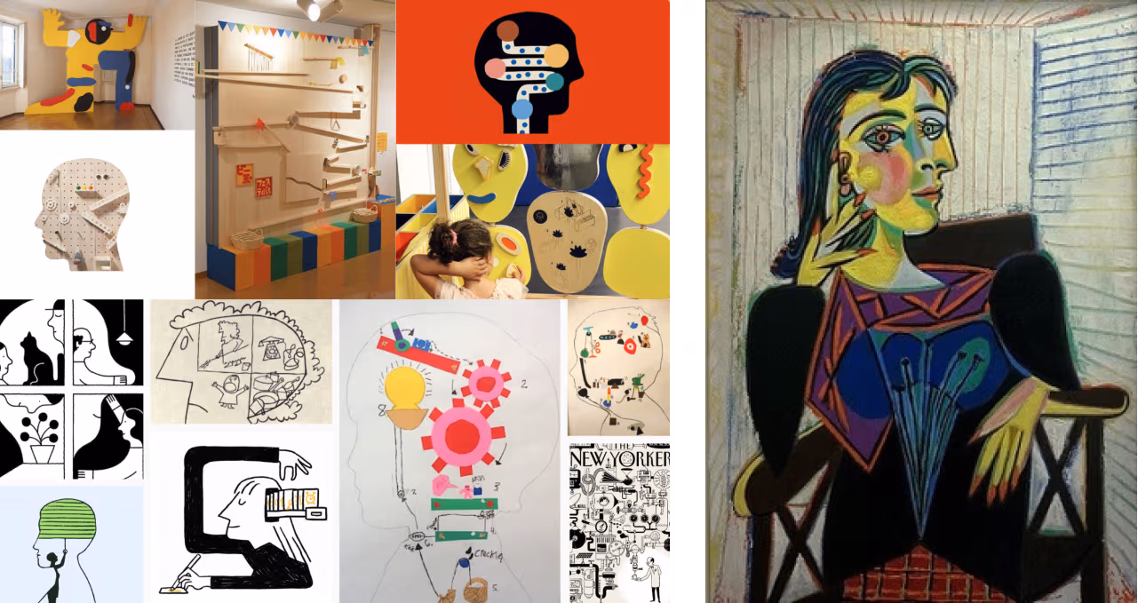 Left: We wanted to show thinking and knowledge—your brain hard at work. Right: Portrait of Dora Maar by Pablo Picasso.