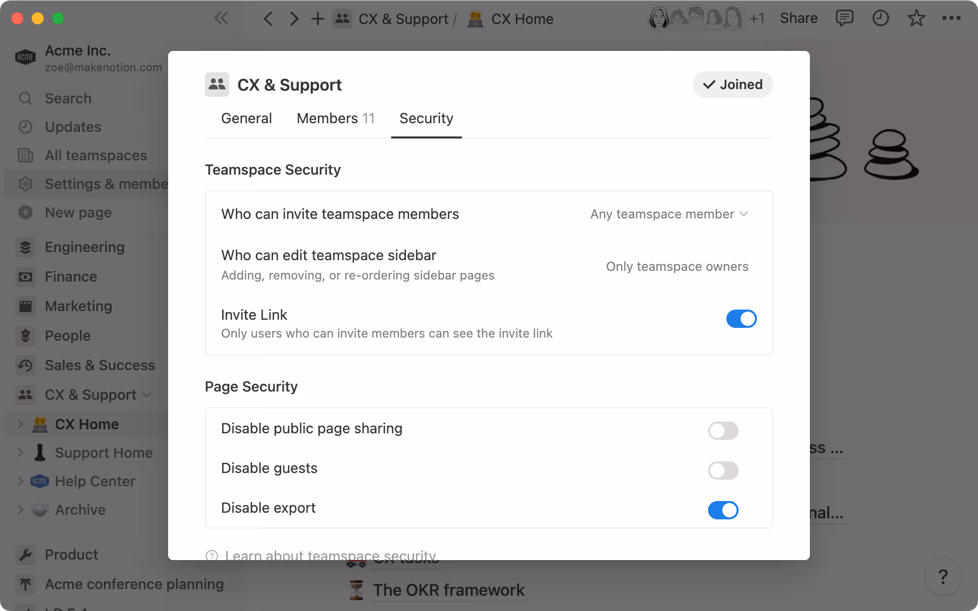 팀스페이스마다 보안 설정을 사용자 지정하고 외부 공유를 제어할 수 있습니다.