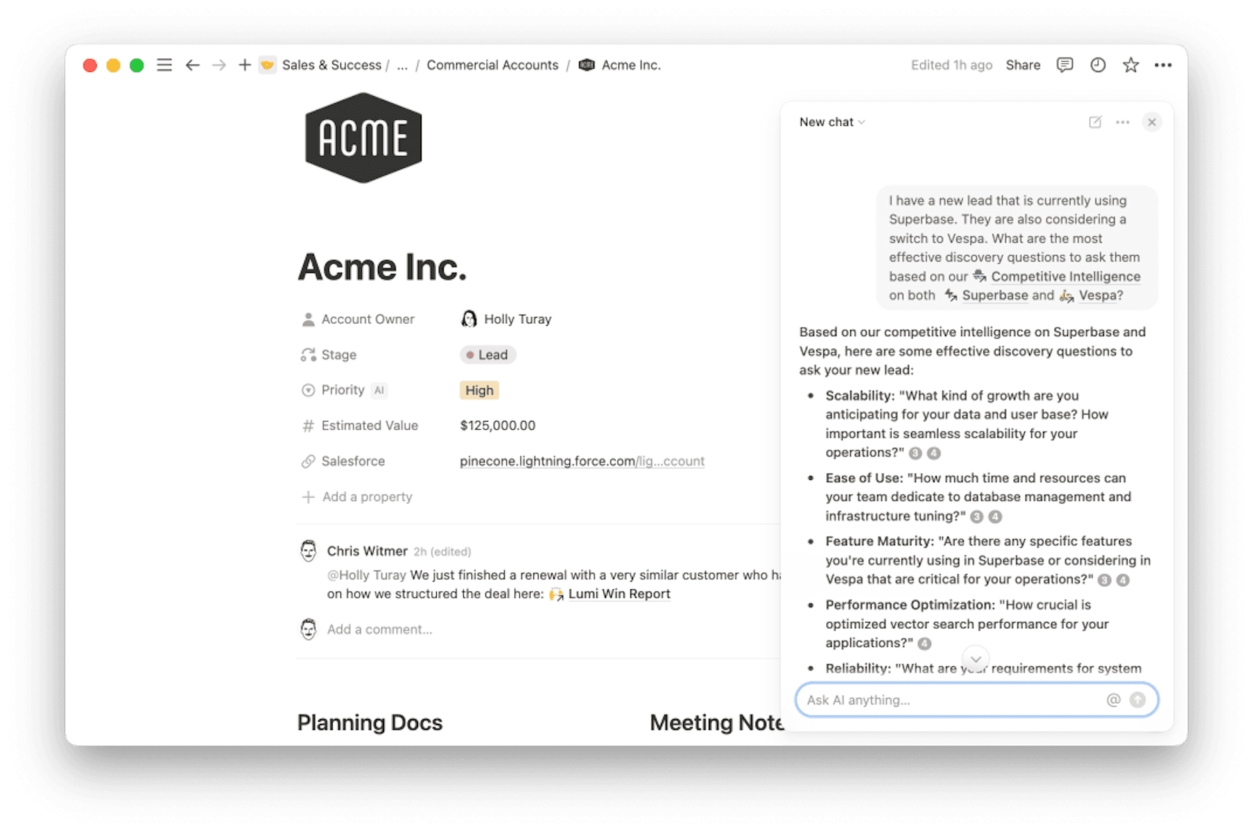 When sellers are on calls with customers they need instant access to the knowledge in your battle cards, competitive analysis, roadmap, and more. With Notion AI, all they need to do is ask a question, and they’ll get an instant response.