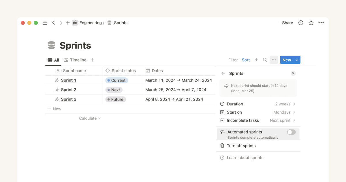 Sprints, simplified with Notion’s sprint tracking system
