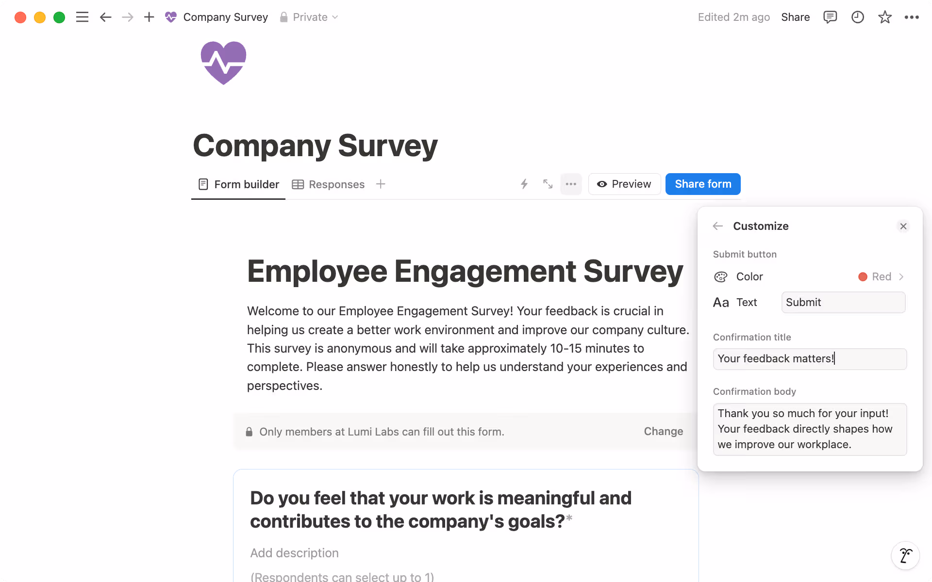 Customize your submission button and message for a more personalized touch